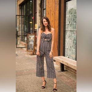 Bardot Strapless Embroidered Cutout Cropped Jumpsuit Size 8 Black and White